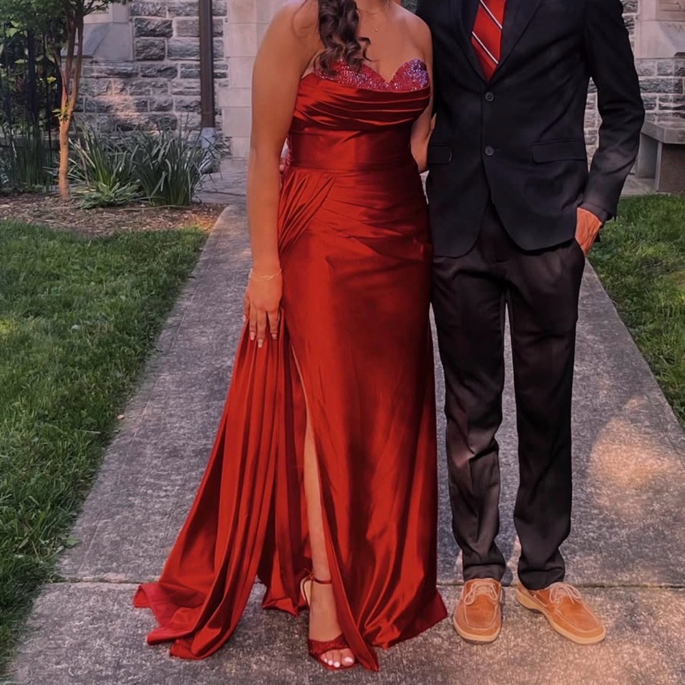 Camille La Vie Red Satin Prom Dress